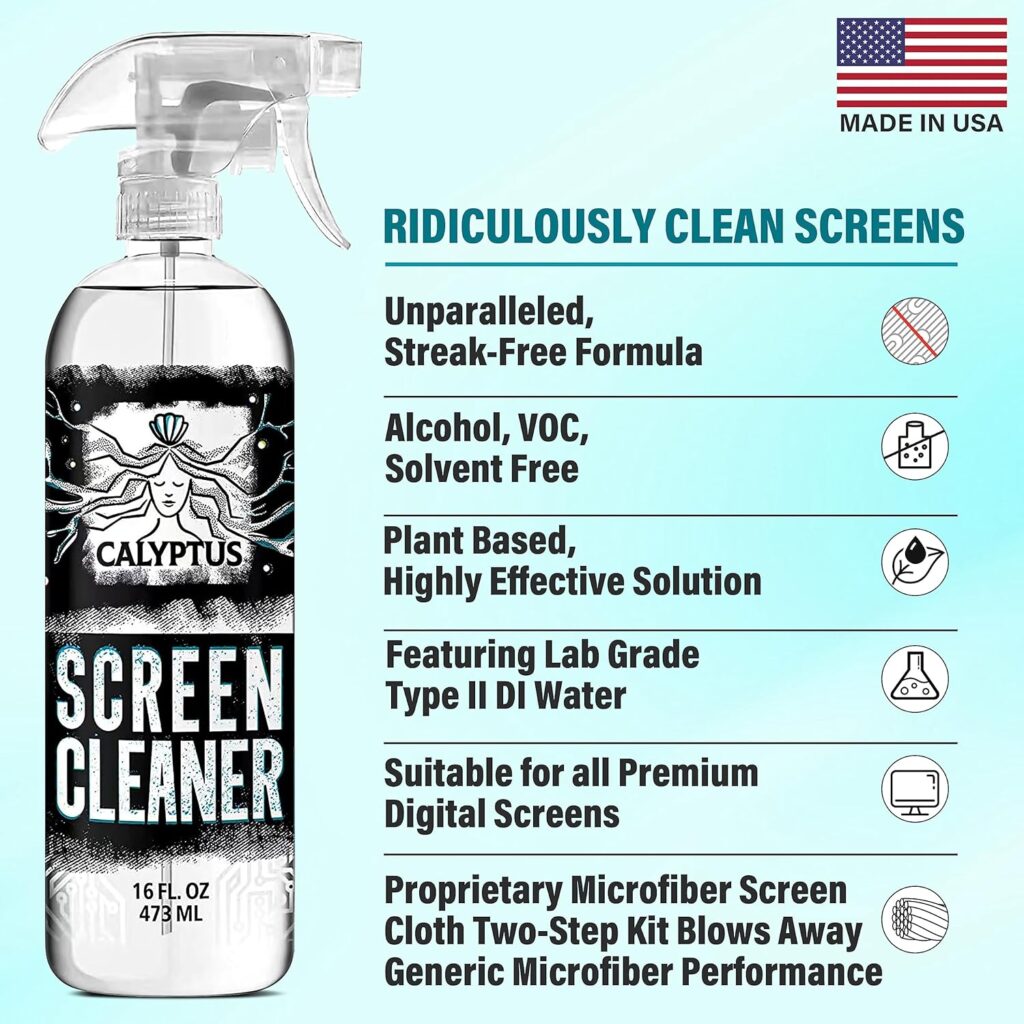 Calyptus Screen Cleaner Mobile Kit | 8 Ounces Spray + 4 Screen Cloths | Screen Spray Cleaners | Computer, Phone, Laptop, Monitor, MacBook, Tablet, TV, Glasses, and iPhone Cleaning | Made in USA