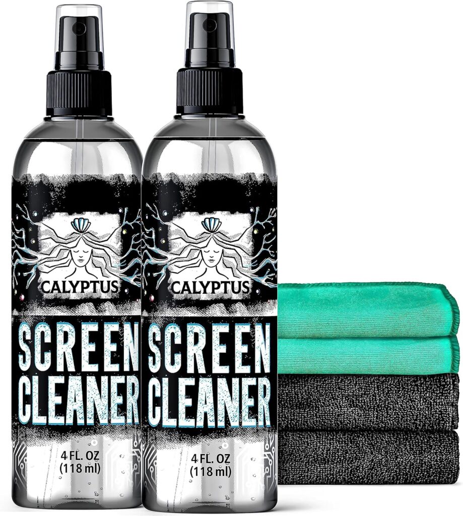 Calyptus Screen Cleaner Mobile Kit | 8 Ounces Spray + 4 Screen Cloths | Screen Spray Cleaners | Computer, Phone, Laptop, Monitor, MacBook, Tablet, TV, Glasses, and iPhone Cleaning | Made in USA