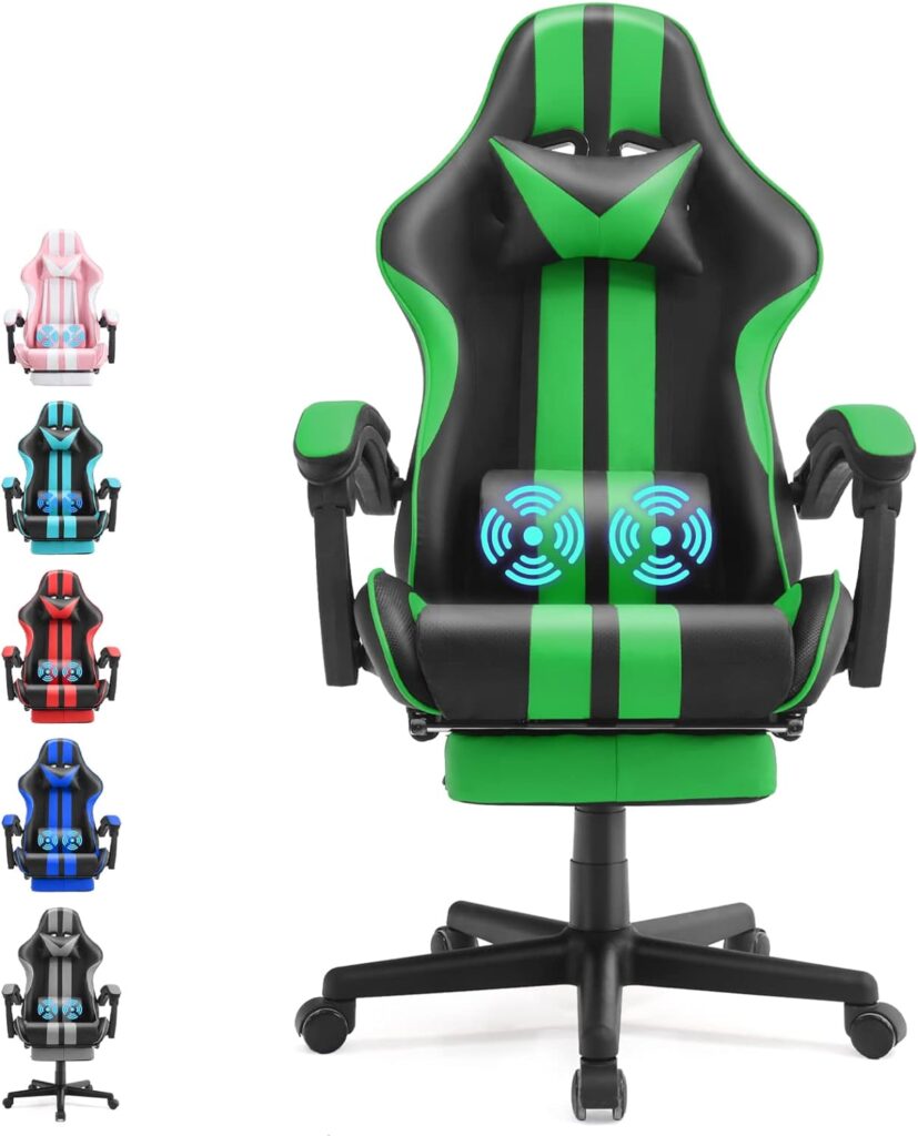Ferghana E-Sports Chair, Office Computer Game Chair,Ergonomic Gaming Chair,Racing Style with Adjustable Recliner and Retractable Footrest and Headrest/Lumbar Pillow(Green)