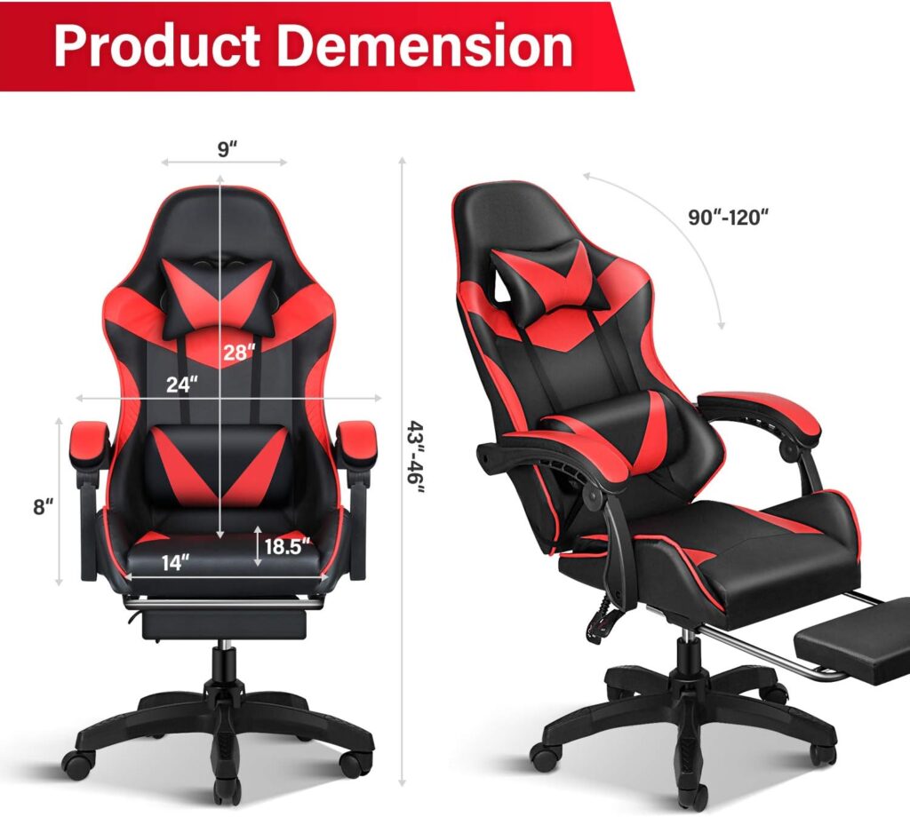 Gaming Chair, Backrest and Seat Height Adjustable Swivel Recliner Racing Office Computer Ergonomic Video Game Chair with Footrest and Lumbar Support, Red/Black
