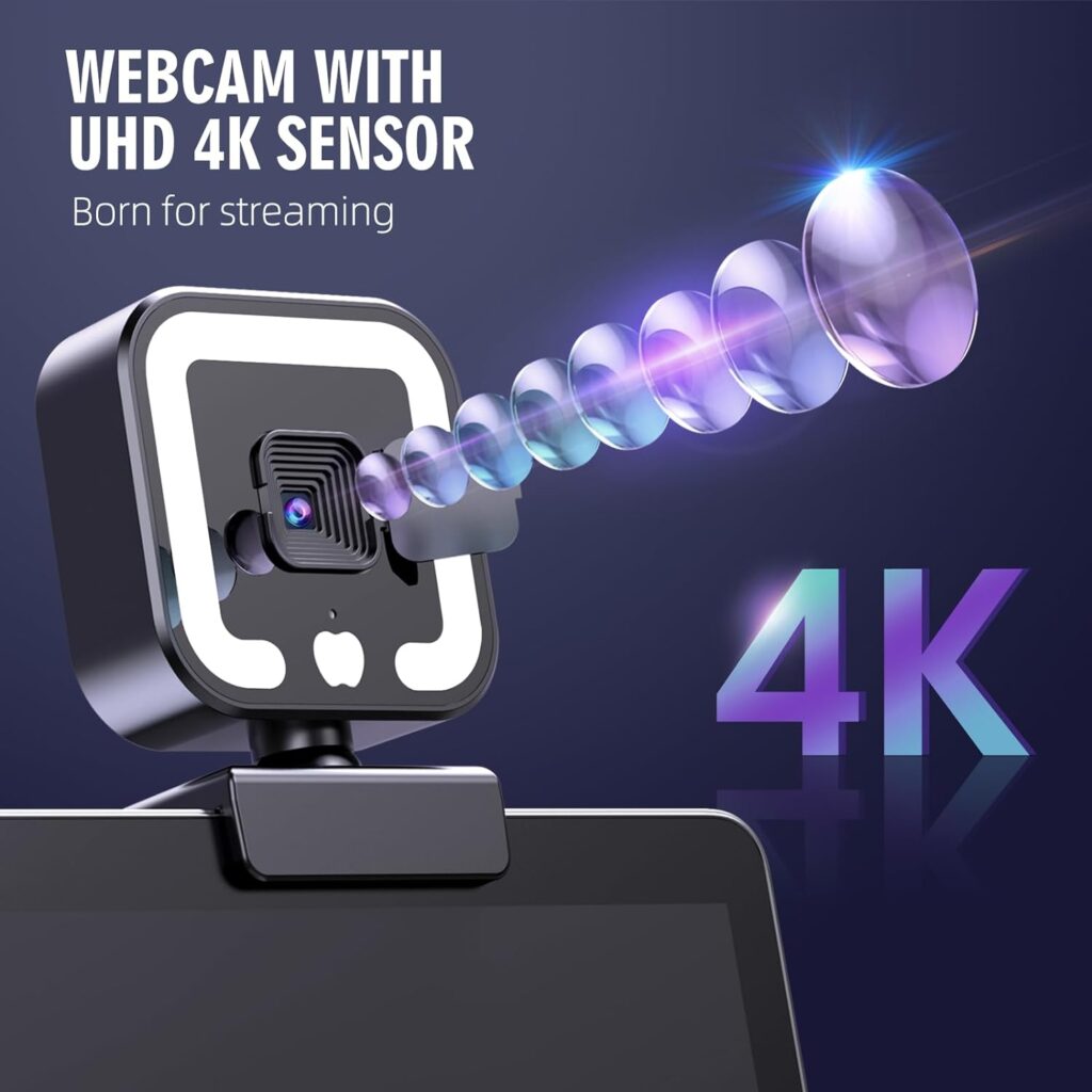 Hemisol 4K Webcam, Web Camera with Microphone and Fill Light, HD Autofocus Computer Camera with Privacy Cover and Tripod Stand Streaming Webcam,PlugPlay USB Wbcam for Pc Laptop Desktop Video Calling