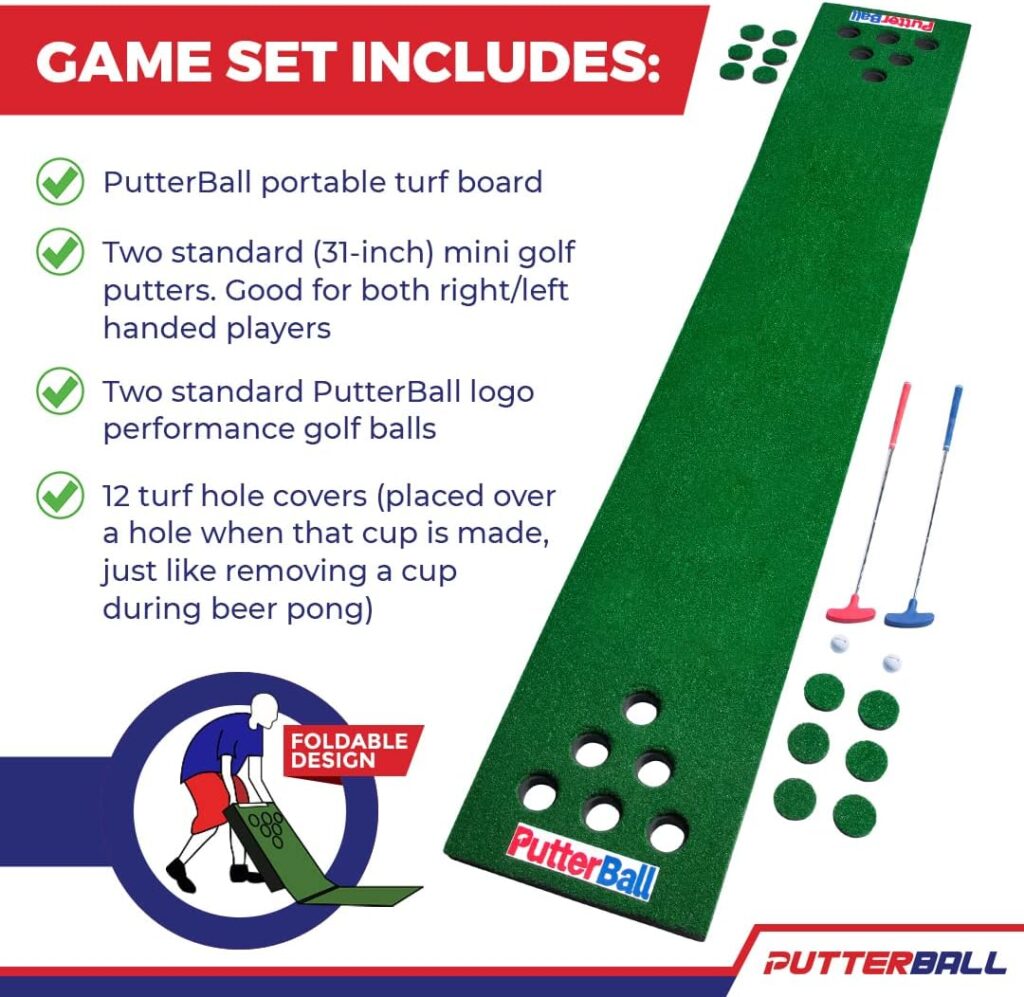 PutterBall Golf Pong Game Set The Original - Includes 2 Putters, 2 Golf Balls, Green Putting Pong Golf Mat Golf Hole Covers - Best Backyard Party Golf Game Set