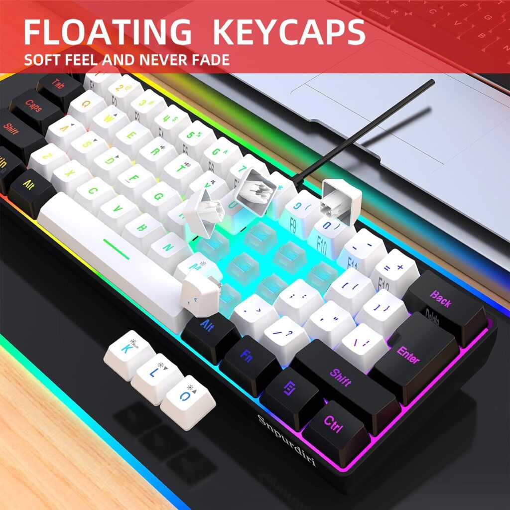 Snpurdiri 60% Wired Gaming Keyboard, RGB Backlit Mini Keyboard, Waterproof Small Ultra-Compact 61 Keys Keyboard for PC/Mac Gamer, Typist, Travel, Easy to Carry on Business Trip(Black-White)