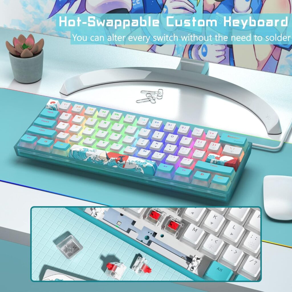Womier 60% Percent Keyboard, WK61 Mechanical RGB Wired Gaming Keyboard, Hot-Swappable Keyboard Blue Sea Theme with PBT Keycaps for Windows PC Gamers - Red Switch