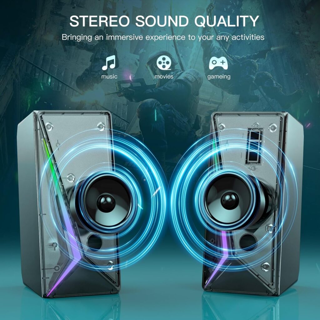 Computer Speakers, Desktop Speakers with 6 Colorful RGB Lights, Volume Control Stereo Bass PC Speakers, USB Powered Subwoofer Gaming Speakers w/3.5mm Aux Cable for PC Monitor Laptop Tablet Phone