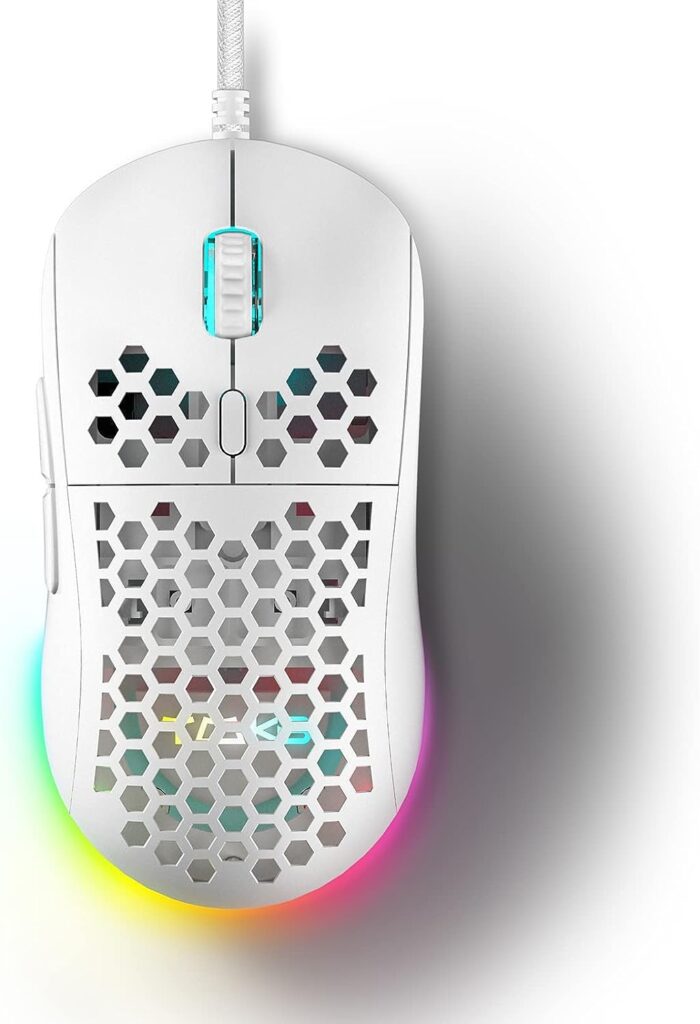 DIERYA Gaming Mouse, 12800DPI Optical Sensor, 6 Programmable Buttons, Customizable RGB White Honeycomb Drag-Free Paracord Wired Mouse, Ergonomic Design Computer Mouse for Windows PC Gamers