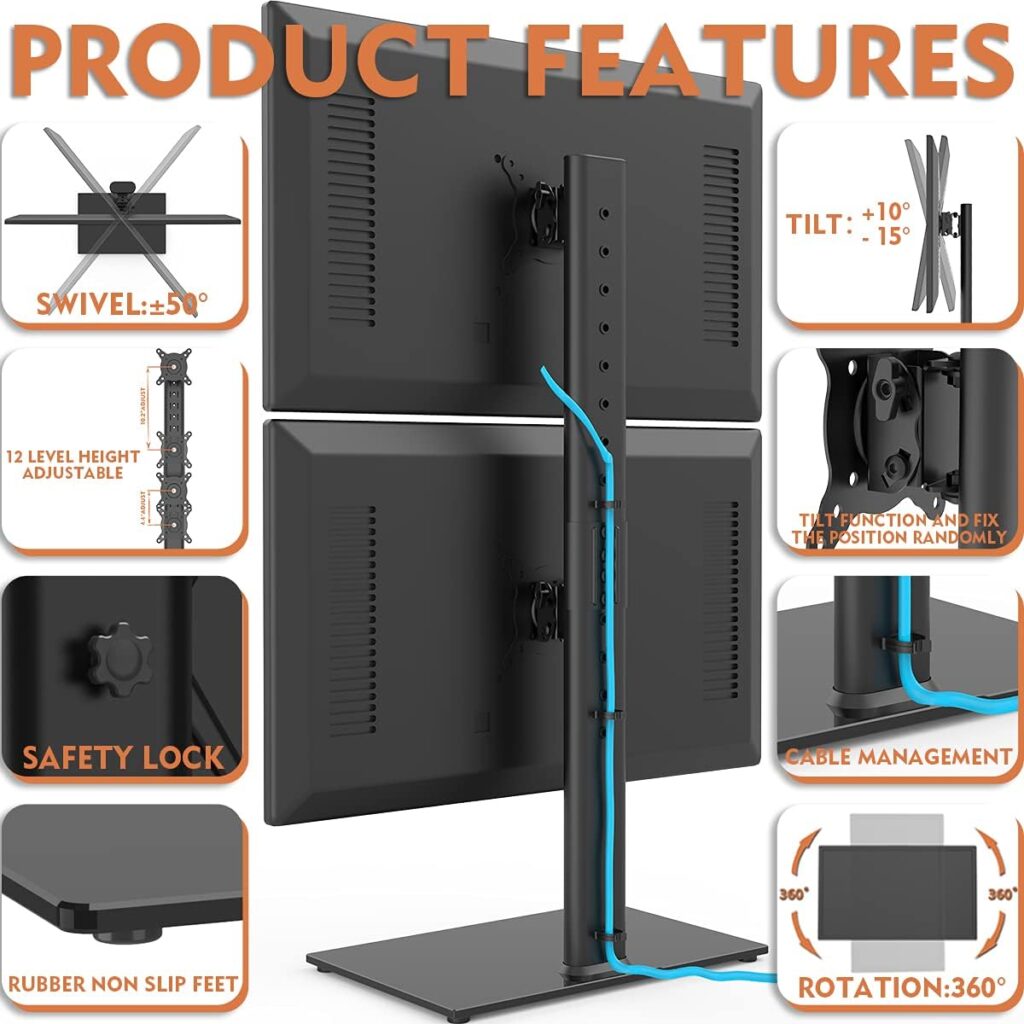 Dual Monitor Stand - Vertical Stack Screen Free-Standing Monitor Riser Fits Two 13 to 34 Inch Screen with Swivel, Tilt, Height Adjustable, Holds One (1) Screen Up to 44Lbs : Electronics