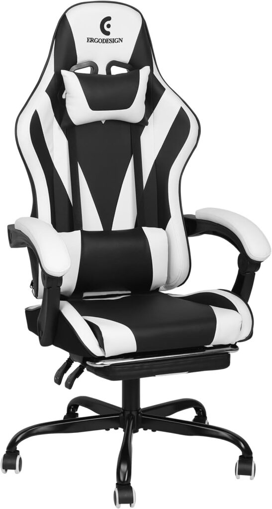 ErgoDesign Gaming Chair with Linkage Armrest Footrest, High Back Video Gaming Chair, Black/White