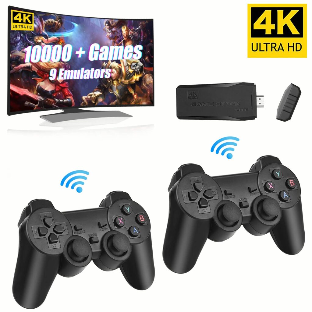 FUNTELL Wireless Retro Game Console, Plug Play Video TV Game Stick with 10000+ Games Built-in, 64G, 9 Emulators, 4K HDMI Nostalgia Stick Game for TV, Dual 2.4G Wireless Controllers