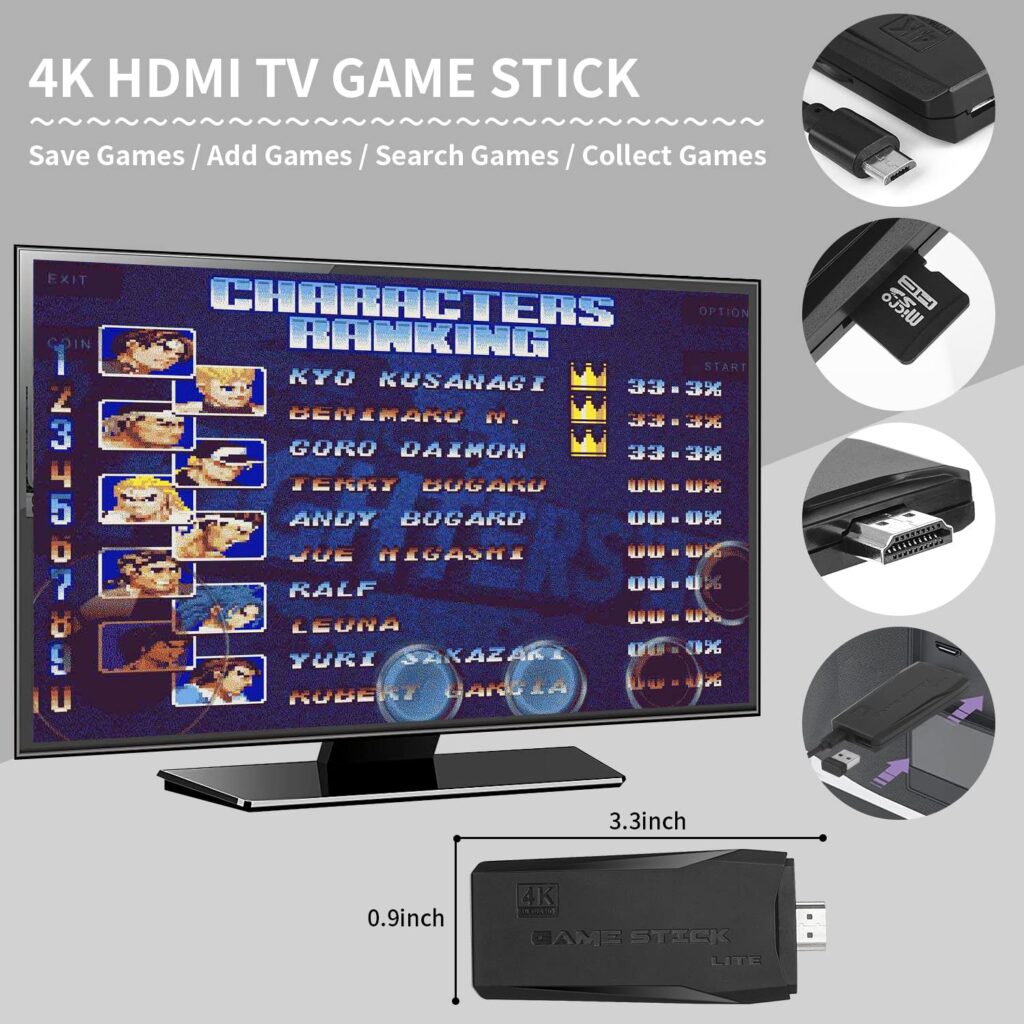 FUNTELL Wireless Retro Game Console, Plug Play Video TV Game Stick with 10000+ Games Built-in, 64G, 9 Emulators, 4K HDMI Nostalgia Stick Game for TV, Dual 2.4G Wireless Controllers