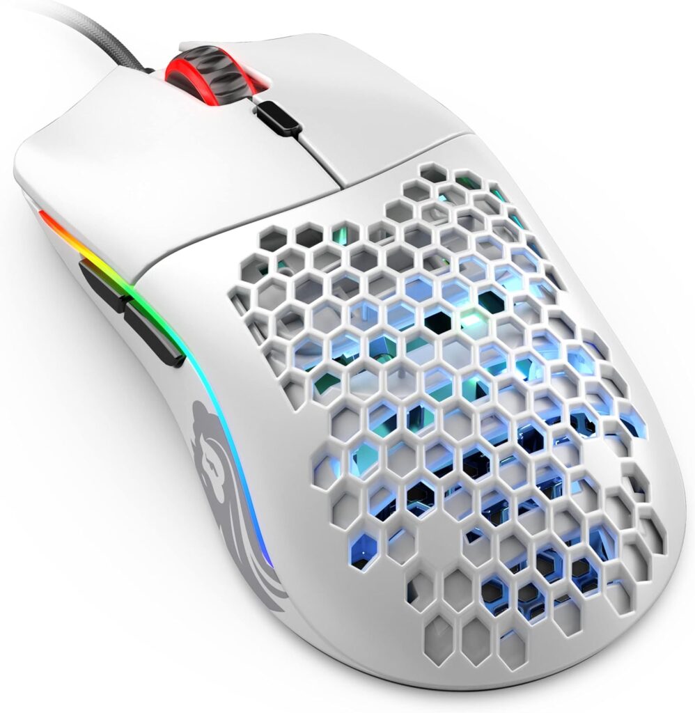 Glorious Gaming Mouse - Model O Minus 58 g Superlight Honeycomb Mouse, RGB Mouse - Matte White Mouse, USB Gaming Mouse