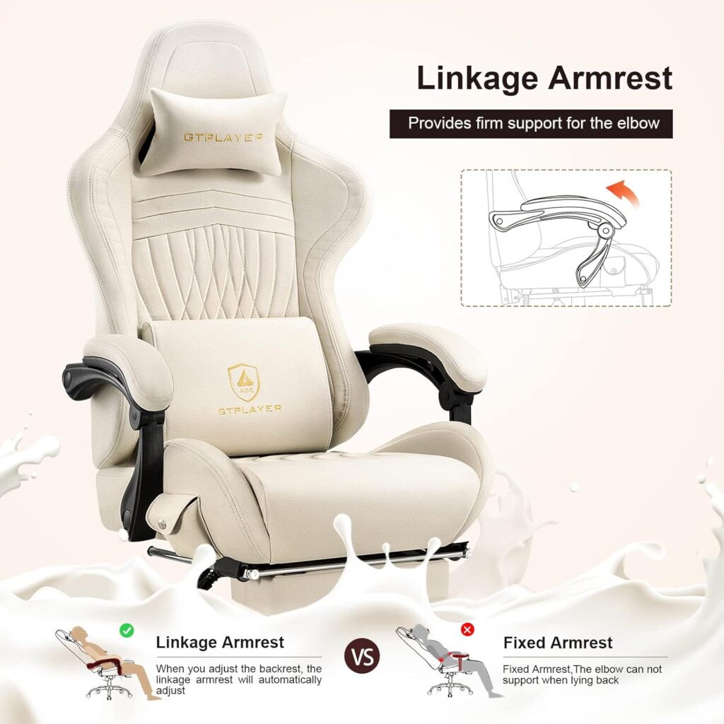 GTPLAYER Gaming Chair with Speakers, Computer Chair with Footrest, High Back Ergonomic Gaming Chair, Reclining Gaming Chair with Linkage Armrests for Adults by GTRacing (Ivory)