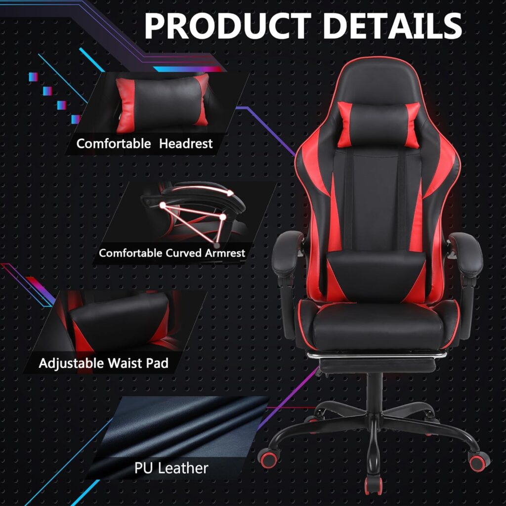 High Back Game Chair Racing Style, Ergonomic Gaming Chair with Massage Head Arm Lumbar Support Footrest Gaming Chairs for Adults Teens Comfortable Computer Chair Black Red