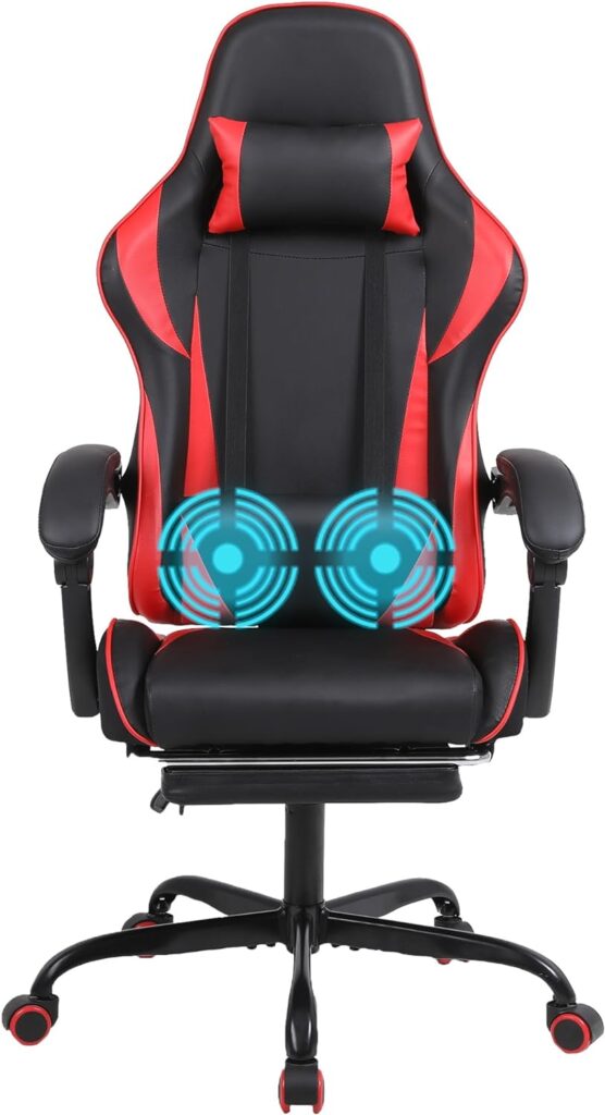 High Back Game Chair Racing Style, Ergonomic Gaming Chair with Massage Head Arm Lumbar Support Footrest Gaming Chairs for Adults Teens Comfortable Computer Chair Black Red