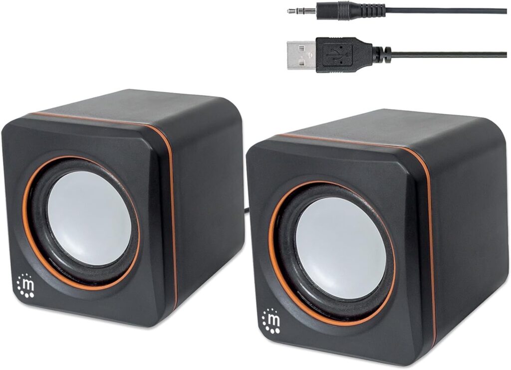 Manhattan USB Powered Stereo Speaker System - Small Size - with Volume Control 3.5 mm Aux Audio Plug to Connect to Laptop, Notebook, Desktop, Computer - 3 Yr Mfg Warranty - Black Orange, 161435