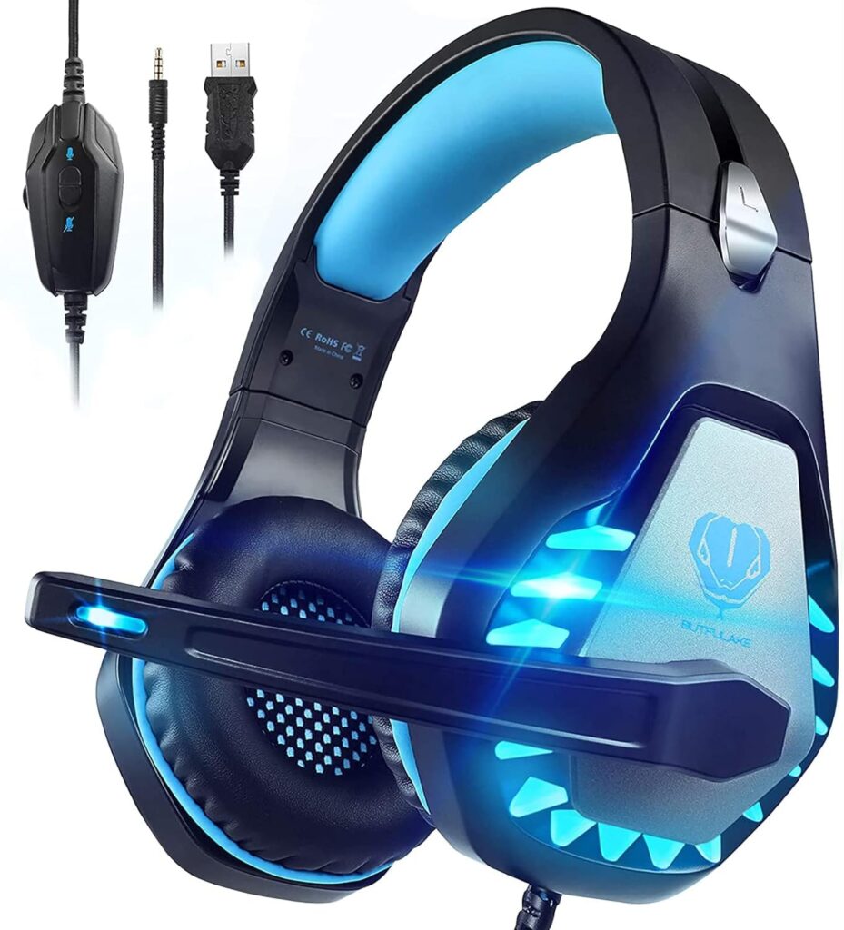 Pacrate Gaming Headset with Microphone for PC PS4 PS5 Headset Noise Cancelling Gaming Headphones for Laptop Mac Switch Xbox One Headset with LED Lights Deep Bass for Kids Adults Black Blue