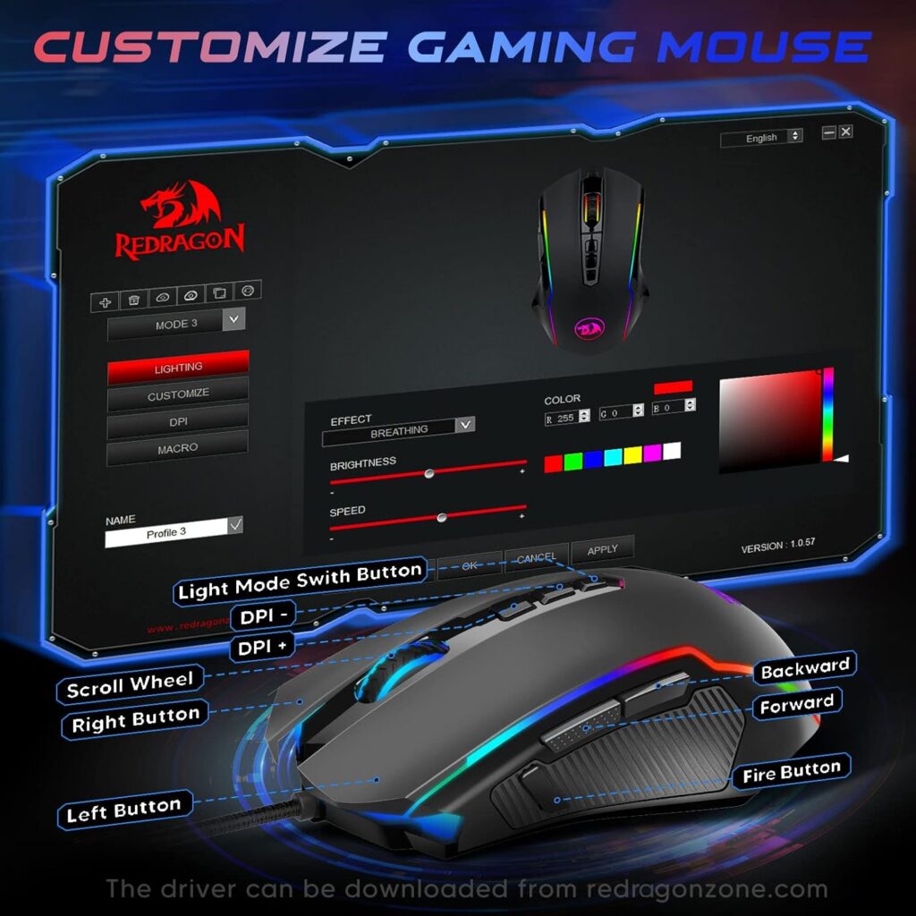 Redragon Gaming Mouse, Wired Gaming Mouse with RGB Backlit, 8000 DPI Adjustable, Mouse with 9 Programmable Macro Buttons Fire Button, Software Supports DIY Keybinds, M910-K