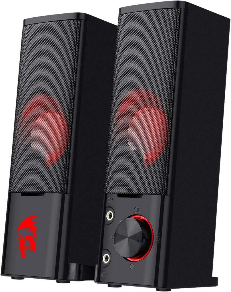 Redragon GS550 PC Gaming Speakers, 2.0 Channel Desktop Computer Sound Bar with Compact Maneuverable Size, Headphone Jack, Quality Bass Decent Red Backlit, USB Powered w/ 3.5mm Cable