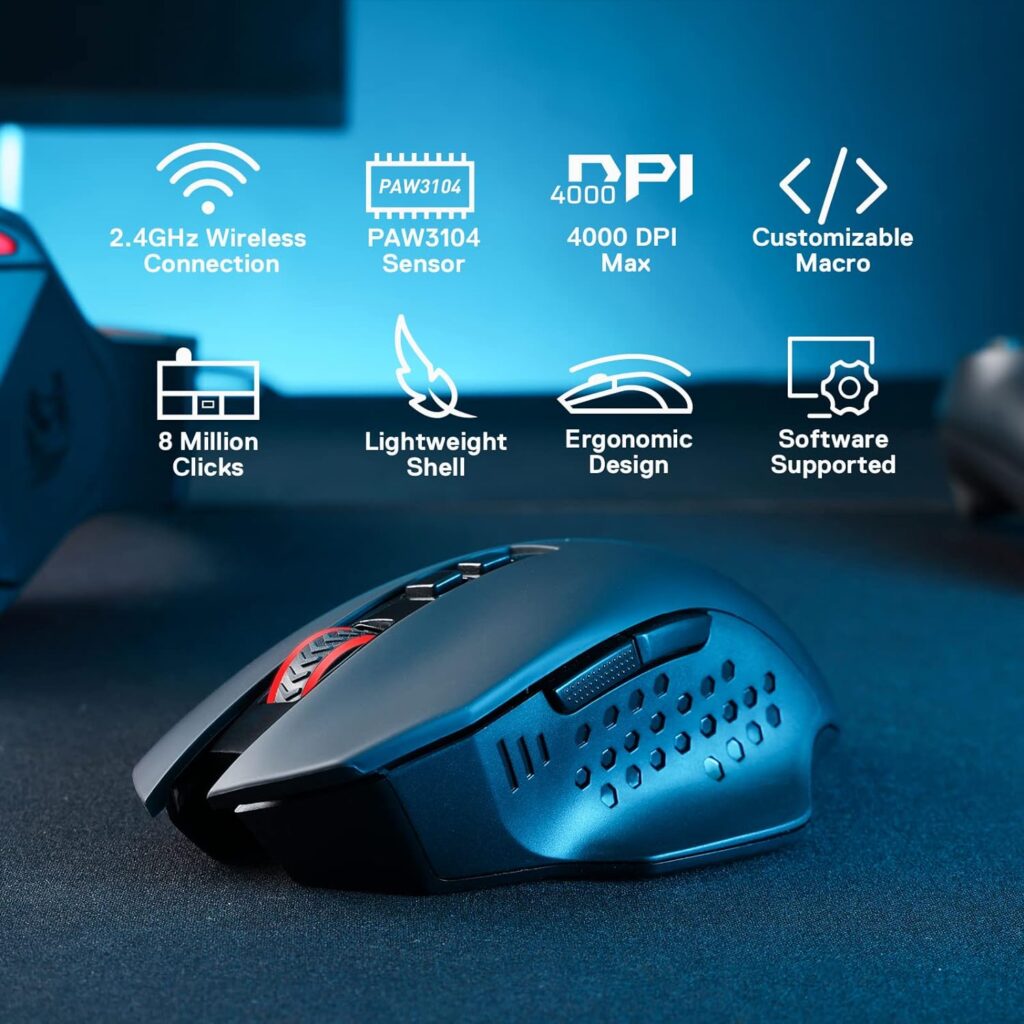 Redragon M656 Gainer Wireless Gaming Mouse, 4000 DPI 2.4Ghz Gamer Mouse w/ 5 DPI Levels, 7 Macro Buttons, Red LED Backlit Pro Software/Drive Supported, for PC/Mac/Laptop