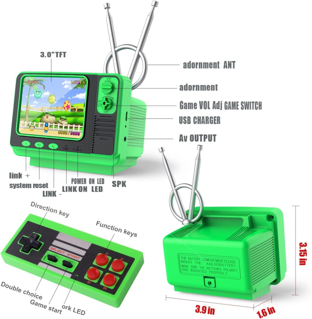 Retro Video Games Console for Kids Adults Built-in 308 Classic Electronic Game 3.0 Screen Mini TV Games Console Support TV Output and USB Charging Birthday Xmas Gift for Boys Girl 4-12 (Green)