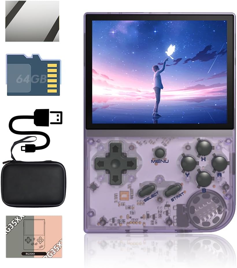 RG35XX Handheld Game Console 3.5 inch IPS Retro Games Consoles Classic Emulator Hand-held Gaming Console Preinstalled Hand Held Video Games System with Portable Case 64GB Transparent Purple