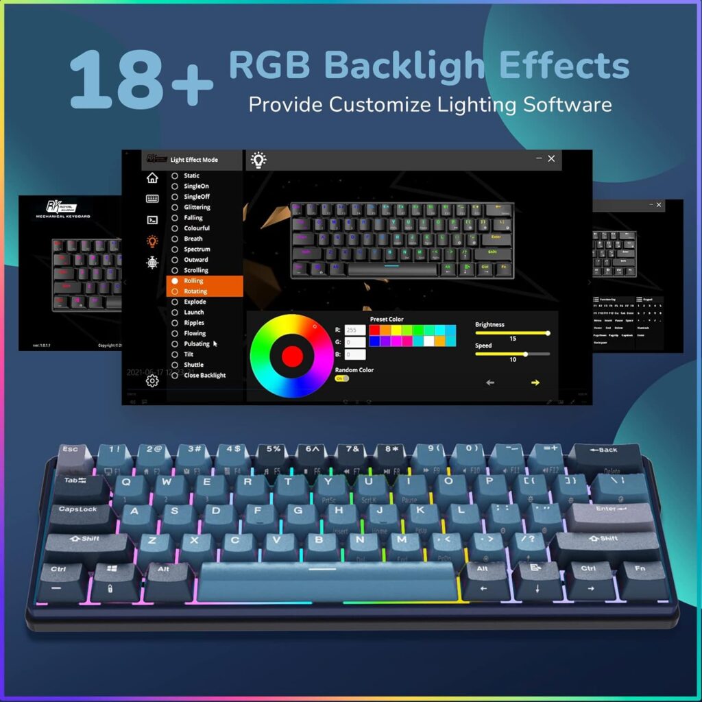 RK ROYAL KLUDGE RK61 Plus Wireless Mechanical Keyboard, 60% RGB Gaming Keyboard with USB Hub, Hot Swappable Computer PC Keyboards with Bluetooth/2.4G/Wired Modes, Silence Linear SkyCyan Switches
