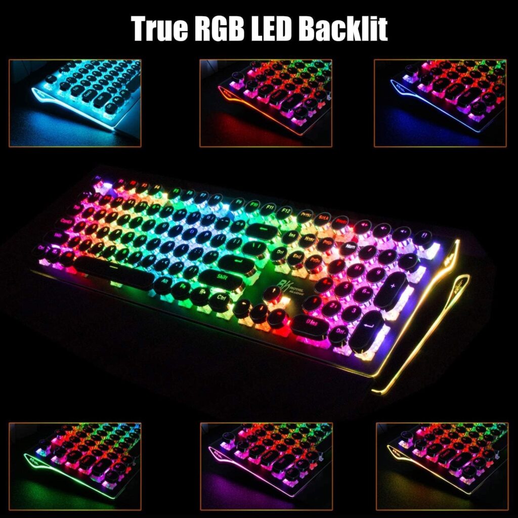 RK ROYAL KLUDGE S108 Typewriter Keyboard, Retro Mechanical Gaming Keyboard Wired 108 Keys with RGB Backlit Sidelight, Detachable Wrist Rest, Round Keycaps Blue Switches - Black