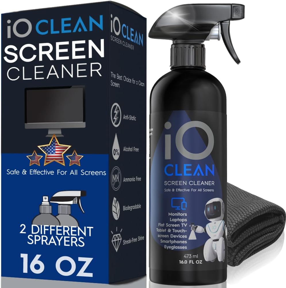 Screen Cleaner Spray (16oz) – Best Large Kit for LCD LED Matte TVs, Smartphones, iPads, Laptops, Touchscreens, Computer Monitors, Other Electronic Devices – Microfiber Cloth and 2 Sprayers Included