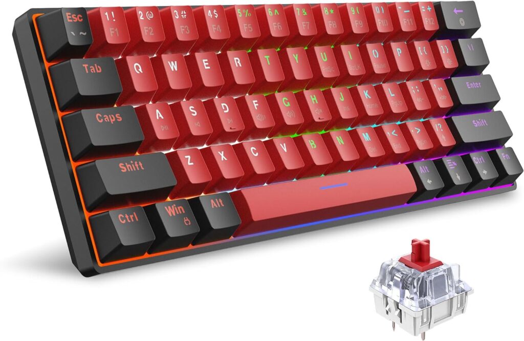 Snpurdiri 60% Wired Mechanical Keyboard, Mini Gaming Keyboard with 61 Red Switches Keys for PC, Windows XP, Win 7, Win 10 (Black-Red, Red Switches)