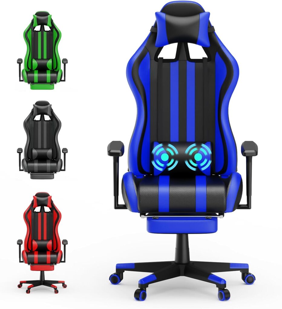 Soontrans Blue Gaming Chair with Massage,Ergonomic Office PC Computer Chair,High Back Gamer Chair with Footrest,Recliner Video Game Chair with Armrest Headrest for Adults 300LBS(Blue)