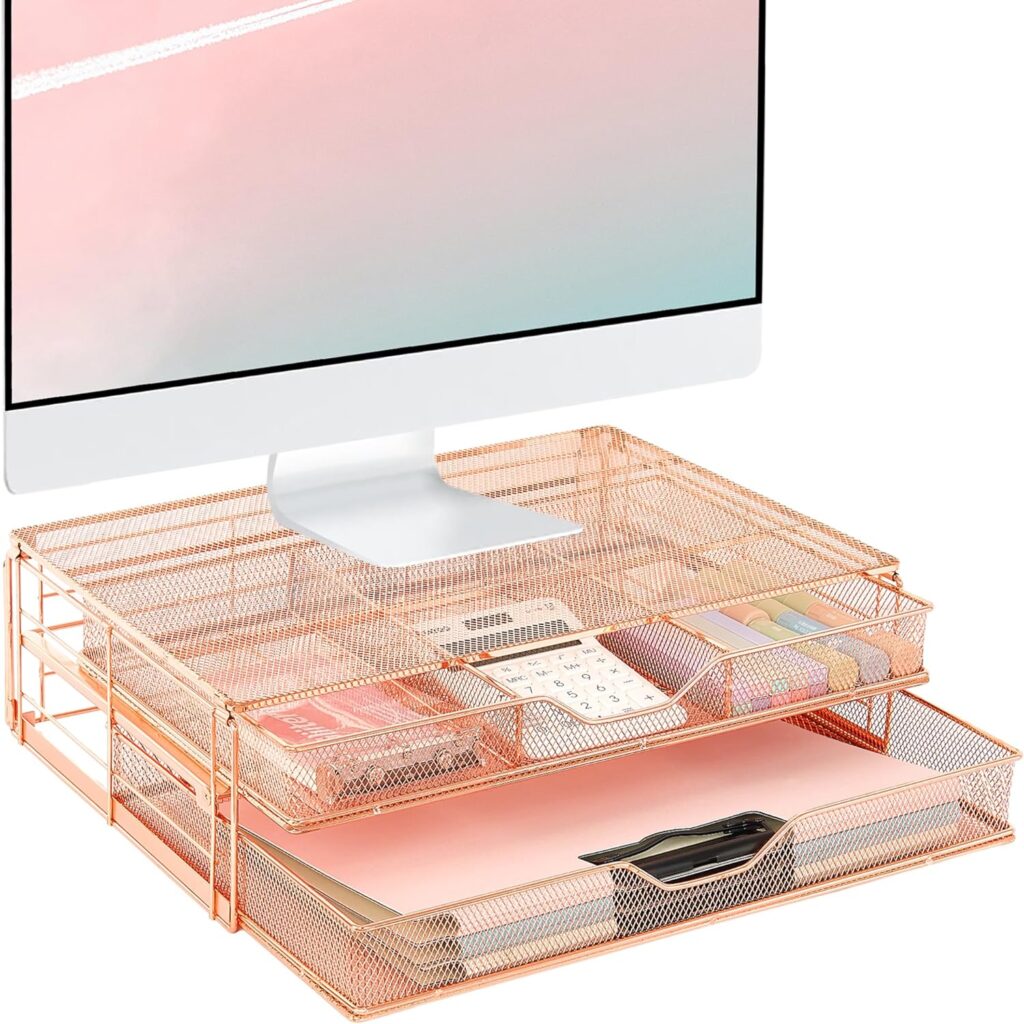 Spacrea Computer Monitor Stand for Desk with 2 Drawers, Metal Monitor Riser Desk Organizer, Computer Stand for Desktop Monitor, Laptop Stand for Desk, PC, Laptop, Printer ( Rose Gold)