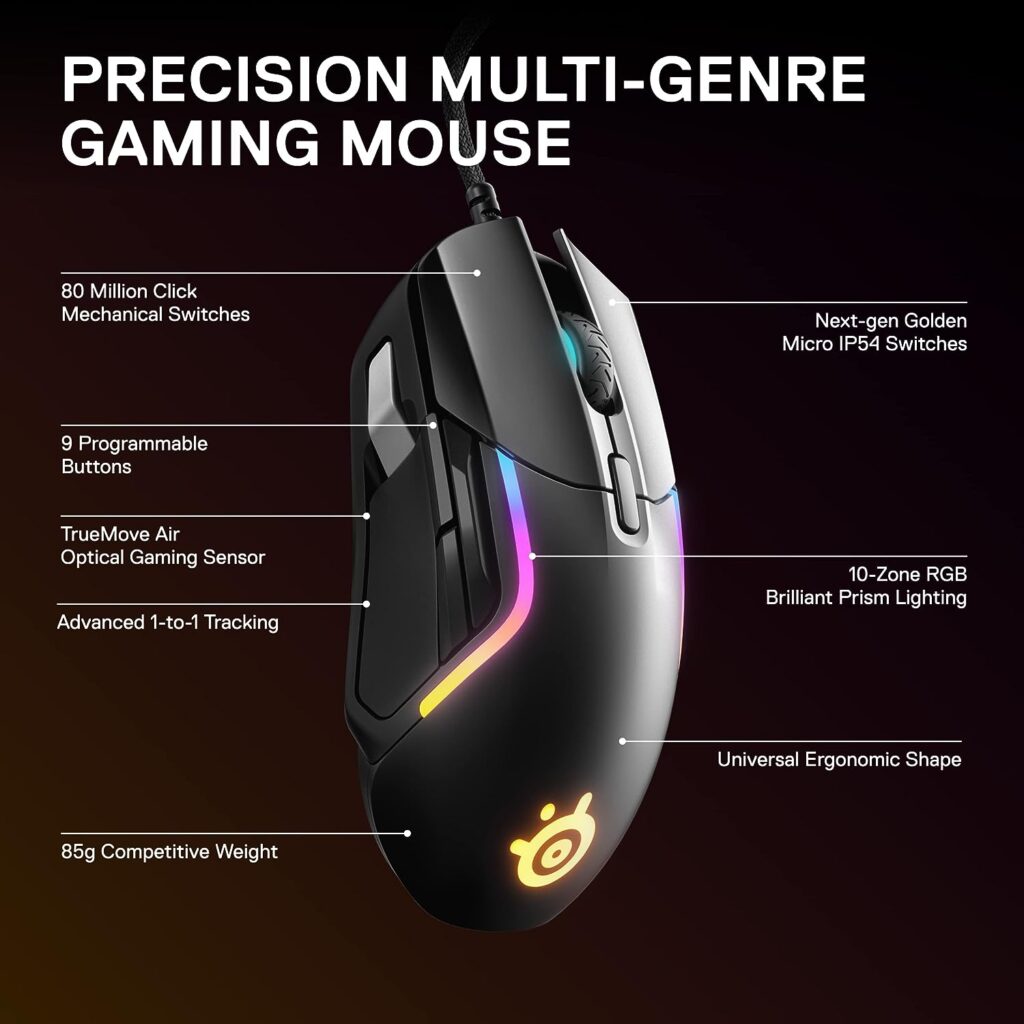 SteelSeries Rival 3 Gaming Mouse - 8,500 CPI TrueMove Core Optical Sensor - 6 Programmable Buttons - Split Trigger Buttons - Brilliant Prism RGB Lighting,Black