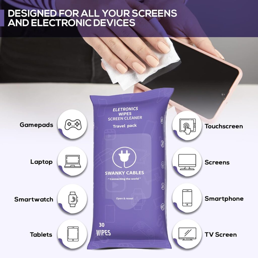 Swanky Cables Screen Cleaner Wipes: Electronic Wipes for Screens - Computer Screen Wipes for Lens, Phone, Tv Screen and Monitor Cleaning - Tech Wipes Microfiber Cloth (30 Count, Soft Wipes)