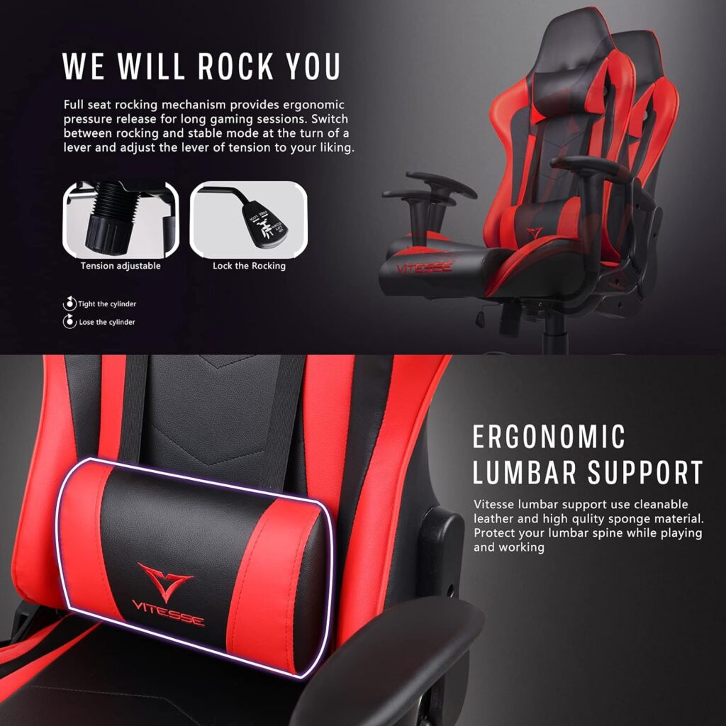 VITESSE Ergonomic Red Gaming Chair for Adults, 330 lbs PC Computer Chair, Racing Office Chair, Silla Gamer Height Adjustable Swivel Chair with Lumbar Support and Headrest
