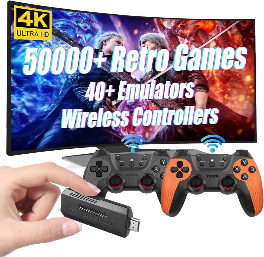 Wireless Retro Game Console, HeavenBird 128G HD Classic 3D Games Stick Built in 40+ Emulators with 50000+ Games Dual 2.4G Wireless Controllers, 4K HDMI Video Games for TV, Gift for Adults Kids