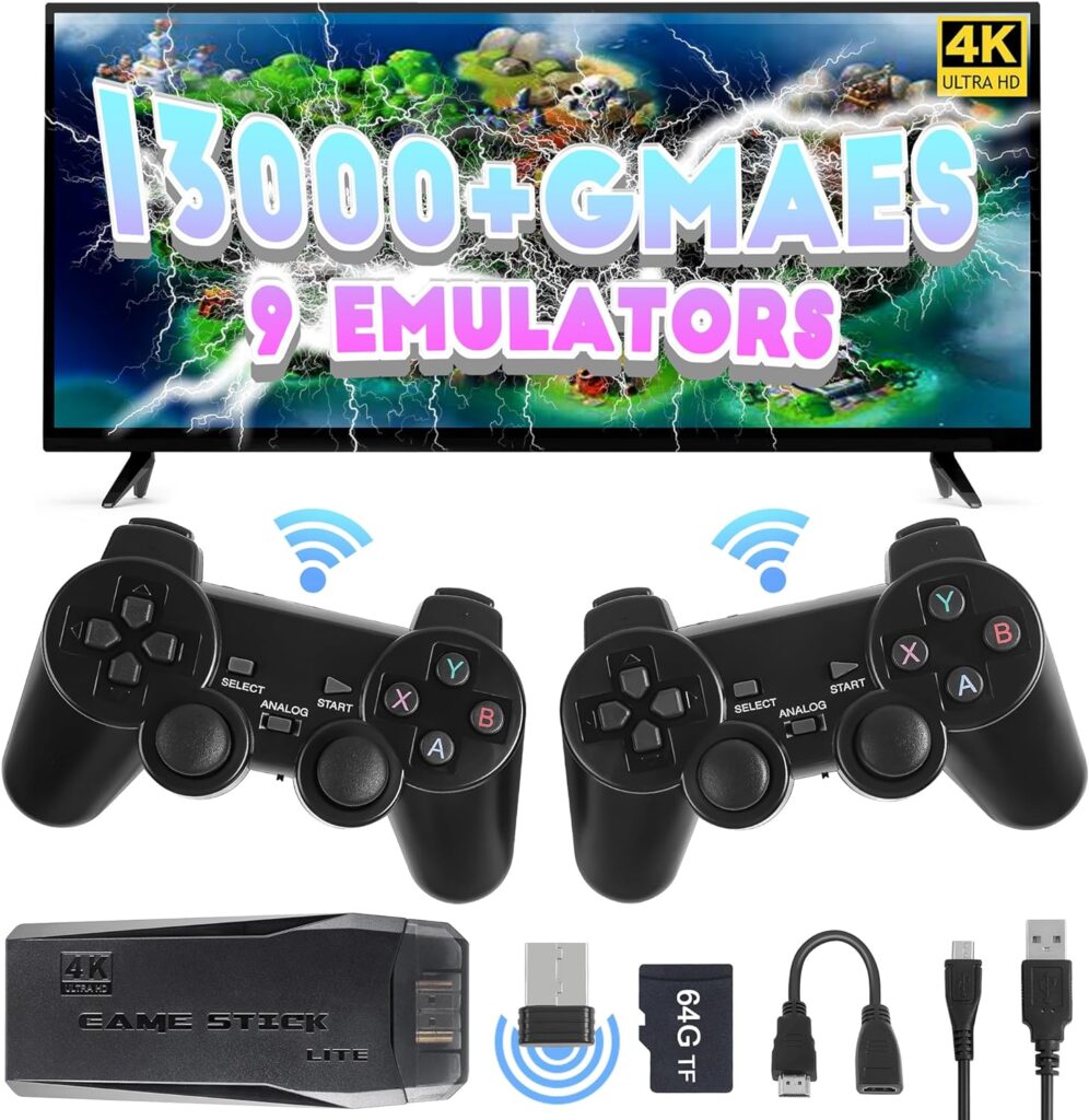Wireless Retro Game Console, Nostalgia Stick Game, Plug and Play Video Game Stick, 13000+ Built-in Games, 9 Classic Emulators, 64G TF Card, 4K HDMI Output, Wireless Controller × 2 : Video Games