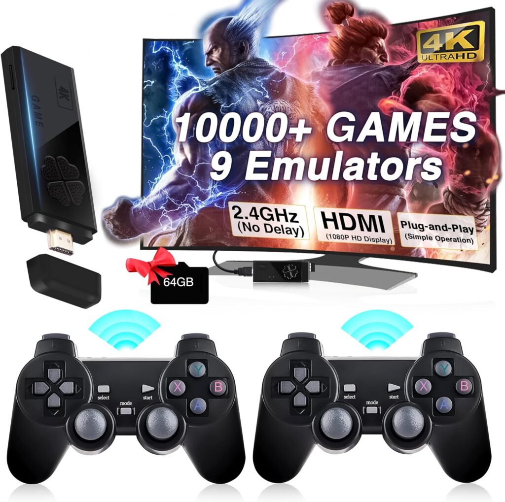 Wireless Retro Game Console, Plug and Play Nostalgia Video Game Stick 4K 10000+ Games Built-in, 9 Classic Emulators, 64G, with Dual 2.4GHz Wireless Controllers