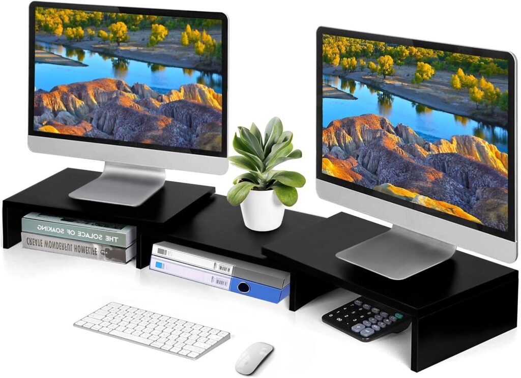 YOMT Dual Monitor Stand Riser for 2 Monitors, Length and Angle Adjustable Computer Monitor Stand, Multifunctional Desktop Organizer Stand for Computer, Laptop, PC, Printer, Max 48.2, Black