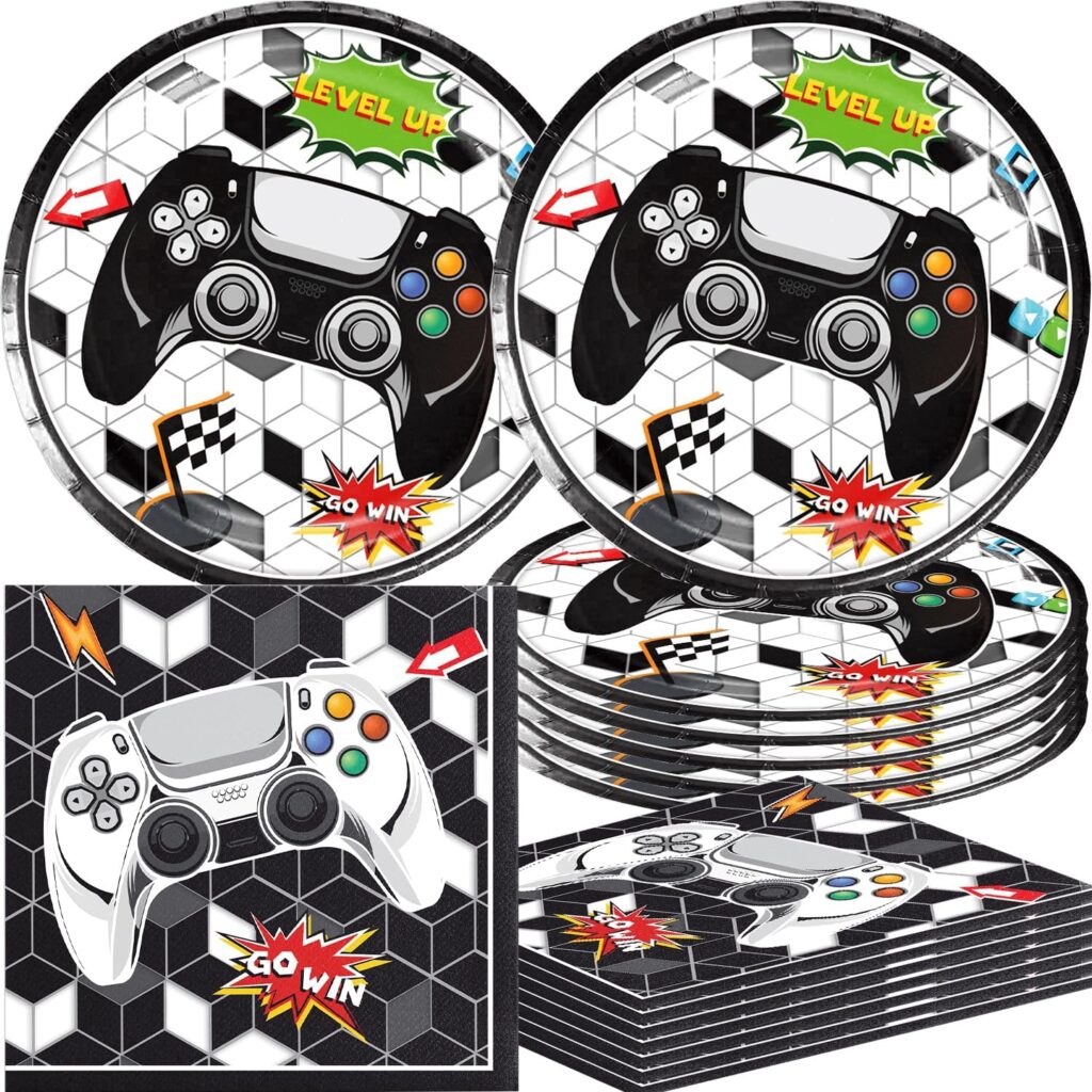 Frerand 40Pcs Video Game Party Supplies include 20 plates, 20 napkins for the Space Them Birthday party decoration…