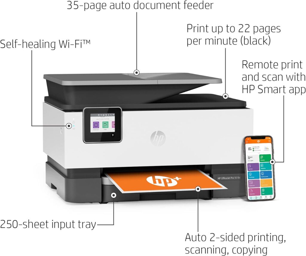 HP OfficeJet Pro 9018e Wireless All-in-One Inkjet Color Printer, PrintCopyScanFax for Home Office Use, 22ppm, 4800x1200dpi, Duplex Printing, 35-Sheet ADF, Wi-Fi, Lanbertent USB Cable