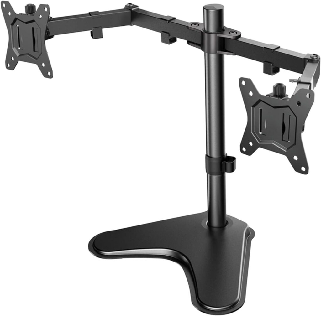 HUANUO Dual Monitor Stand, Free Standing Monitor Desk Mount for 2 Screens up to 32 inch, 17.6lbs, Fully Adjustable Dual Monitor Arm with Max Vesa 100x100, Computer Monitor Stand for Desk, Black, HNCM1