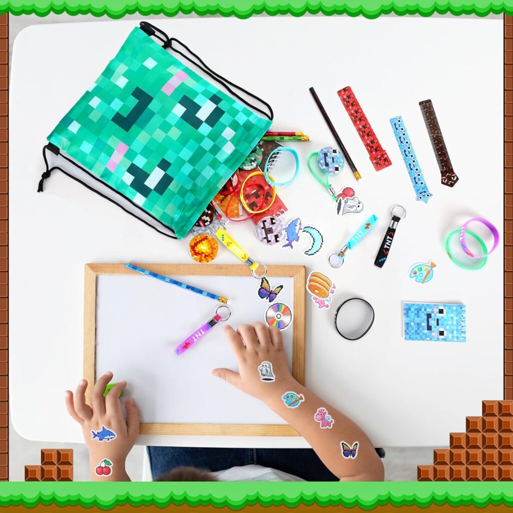 Paterr 103 Pcs Pixel Miner Party Favors Supplies Set Include Drawstring Bags Silicone Bracelets Badge Buttons Spiral Notebooks Pencils Bookmarks and Stickers for Mining Theme Video Game Birthday Gifts