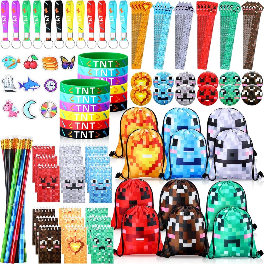 Paterr 103 Pcs Pixel Miner Party Favors Supplies Set Include Drawstring Bags Silicone Bracelets Badge Buttons Spiral Notebooks Pencils Bookmarks and Stickers for Mining Theme Video Game Birthday Gifts