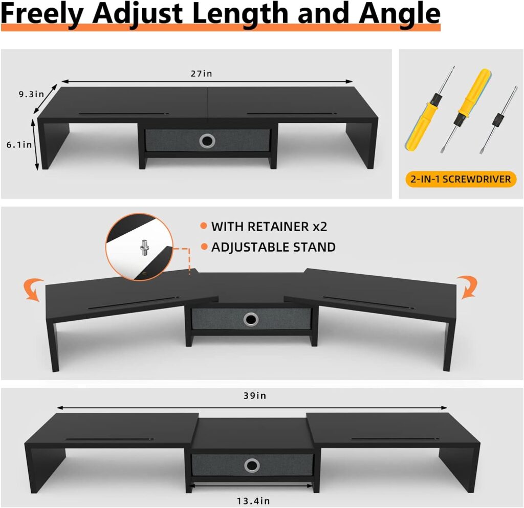 WESTREE Dual Monitor Stand Riser with Drawer, Adjustable Length and Angle Monitor 2 Solts for Phone Tablet, Desktop Organizer Stand for Computer/Laptop/PC/Printer