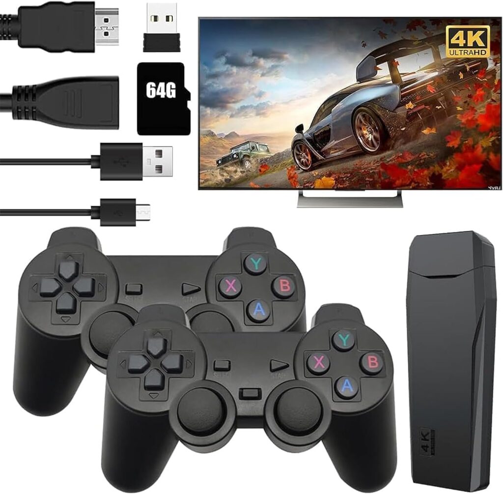 Wireless Retro Game Console,4K HDMI Nostalgia Stick Game,Plug Play Video TV Game Stick Built in 15000+ Games(64G) 9 Emulators,Dual 2.4G Wireless Controllers