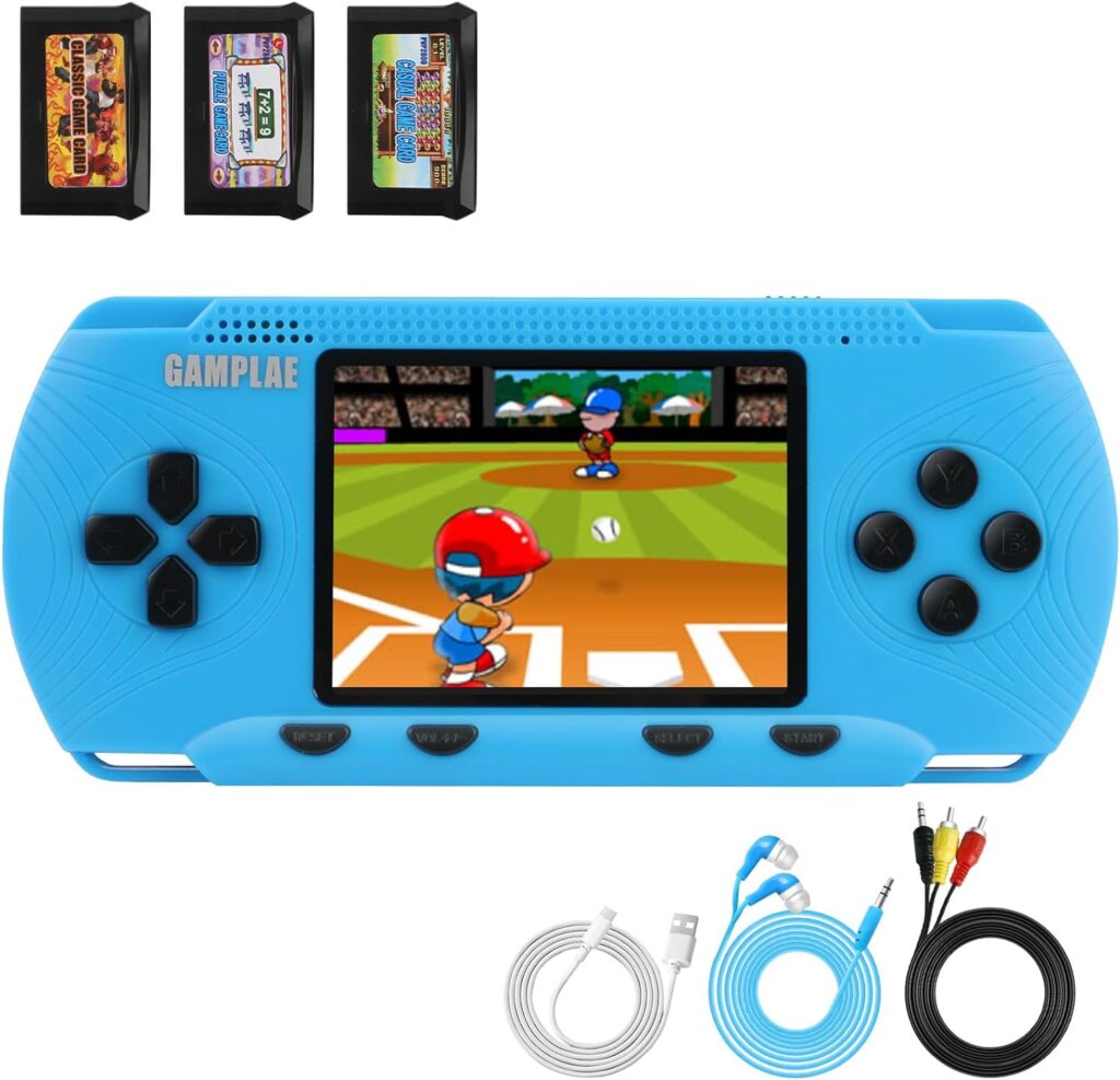 Handheld Game Console for Kids, Video Games Retro Hand Held Games Electronic Gaming Player 3.0 Screen Built-in 258 Classic Games TV Output Rechargeable Arcade Games-Blue