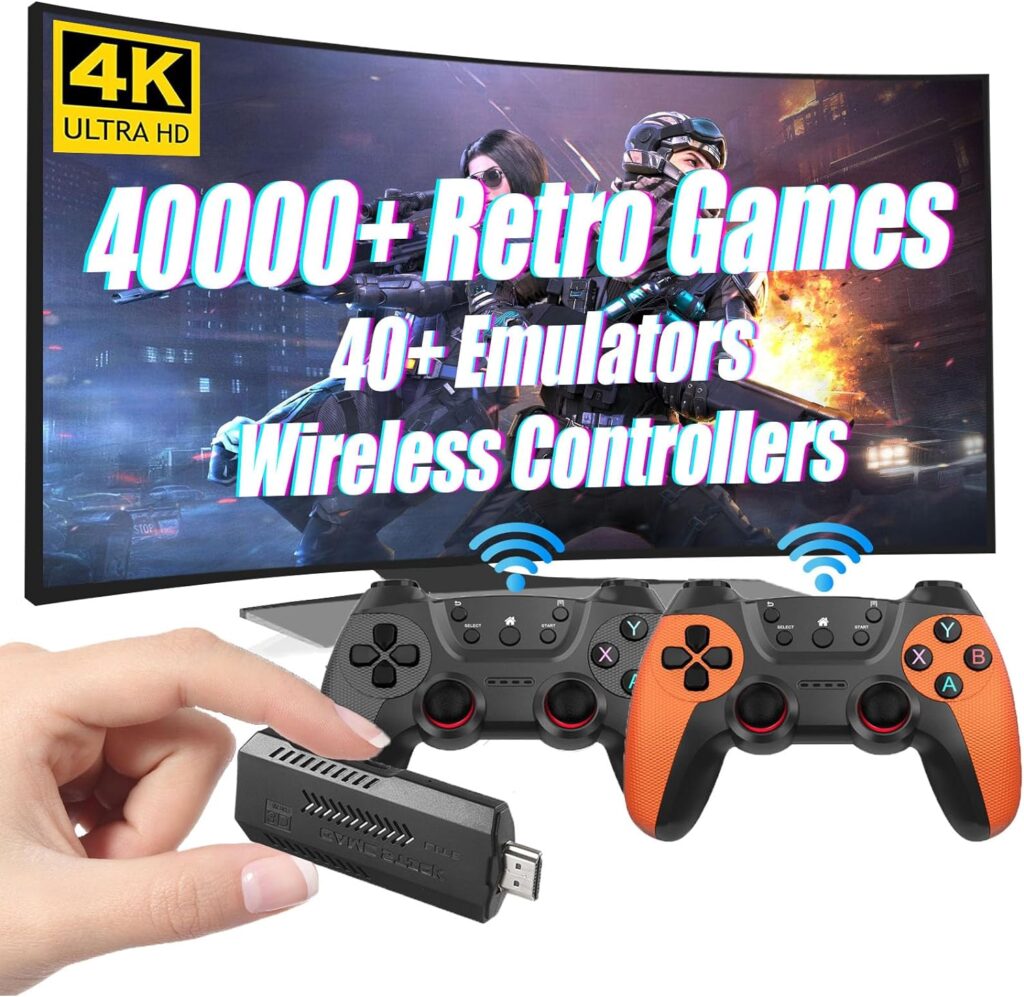 Wireless Retro Game Console, HeavenBird 64G HD Classic 3D Games Stick Built in 47 Emulators with 40000+ Games Dual 2.4G Wireless Controllers, 4K HDMI Video Games for TV, Gift for Adults Kids