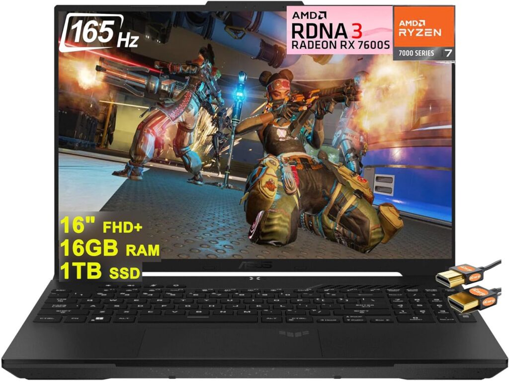Asus TUF Gaming A16 Laptop 16 FHD+ 165Hz 7ms 100% sRGB AMD Octa-core Ryzen 7 7735HS 16GB RAM 1TB SSD Radeon RX 7600S 8GB Graphic (RTX 4060) Backlit USB-C USB4 Fast Charging Win11 + HDMI Cable