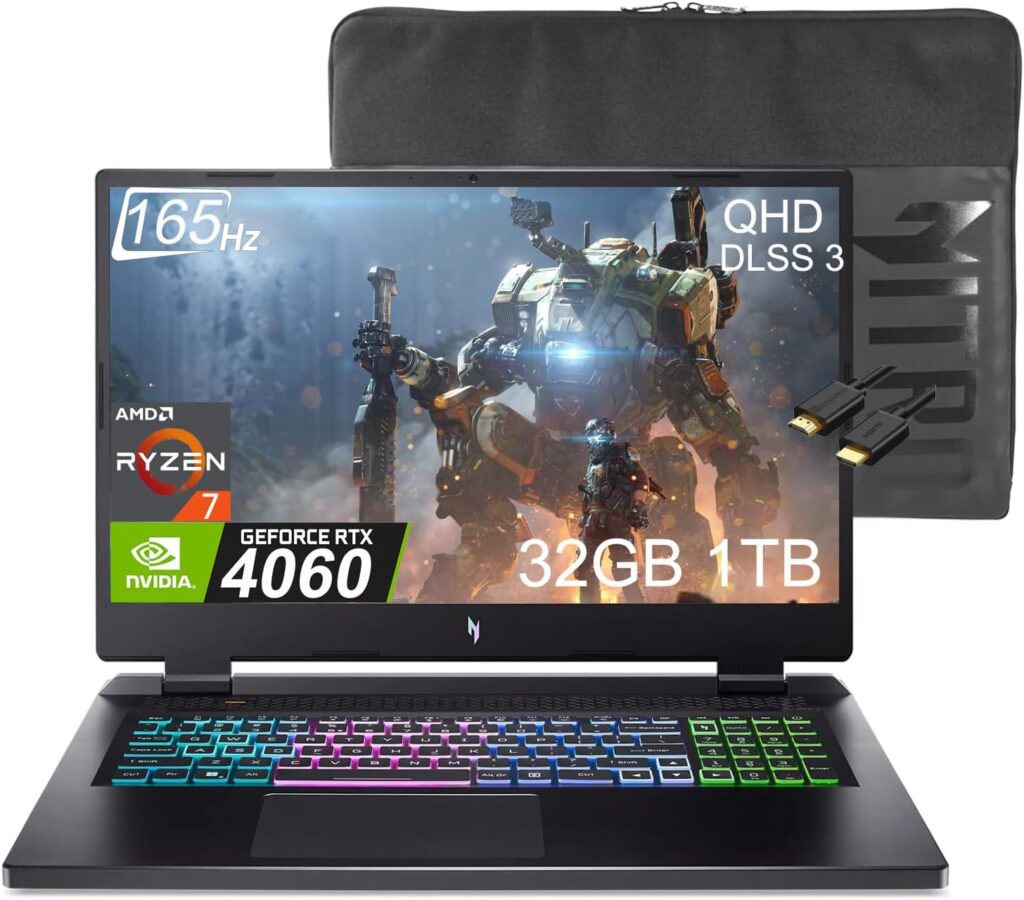 acer Nitro 5 (2024) Gaming Laptop (17.3 QHD 165Hz, AMD 8-Core Ryzen 7 7840HS (Beat i7-12700H), 32GB DDR5 RAM, 1TB SSD, GeForce RTX 4060 8GB), 4-Zone RGB, Wi-Fi 6E, IST Cable, Bag, Win 11 Home, Black