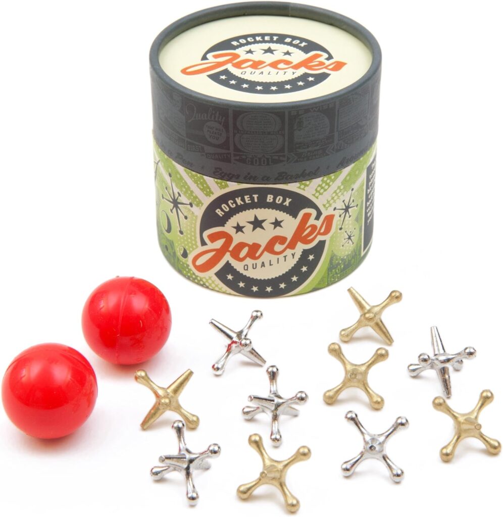 Jacks Game: Retro Toys, Vintage, Classic Games of Jacks, Gold and Silver Toned Jax, Two Red Bouncy Balls, Fun Toys for Kids and Adults of All Ages. Family Board Games Night. Travel Size.